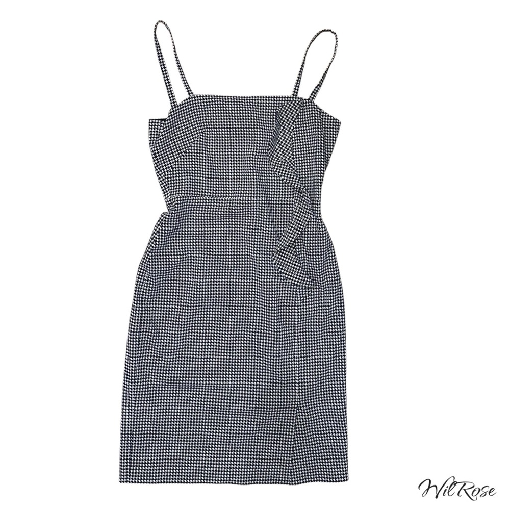 VALENTINO BLACK & BEIGE HOUNDSTOOTH WOOL FLEECE RUFFLE SIDE SHEATH DRESS SZ 8